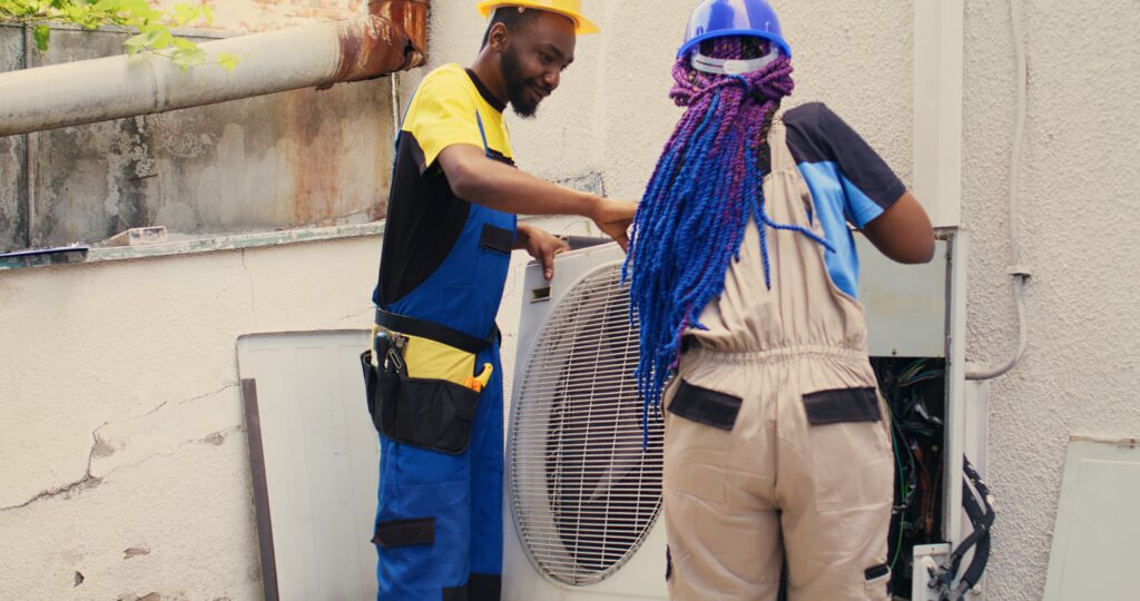 Two HVAC technicians, one male with a tool belt and one female with blue braided hair, working on an outdoor air conditioning unit..